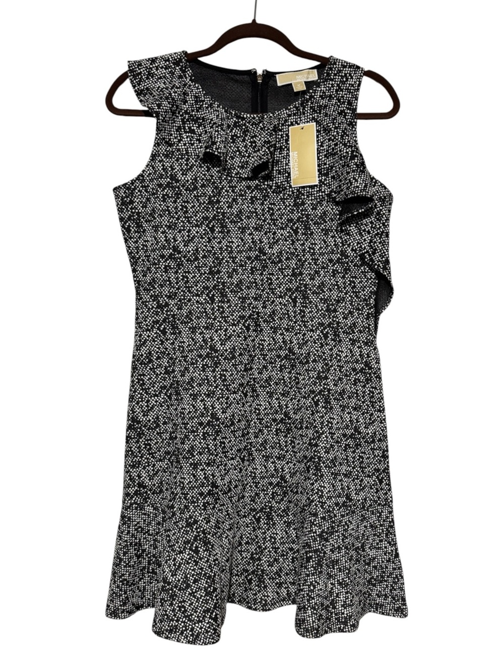 Michael Kors NWT Tweed Dress Size Medium Black White Ruffle Peplum Old Money
